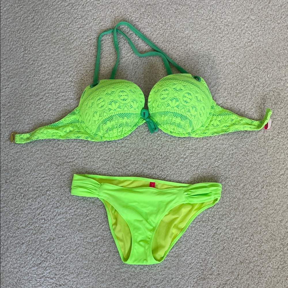 Victoria's Secret Neon Lime Lace Push-Up Bikini Set